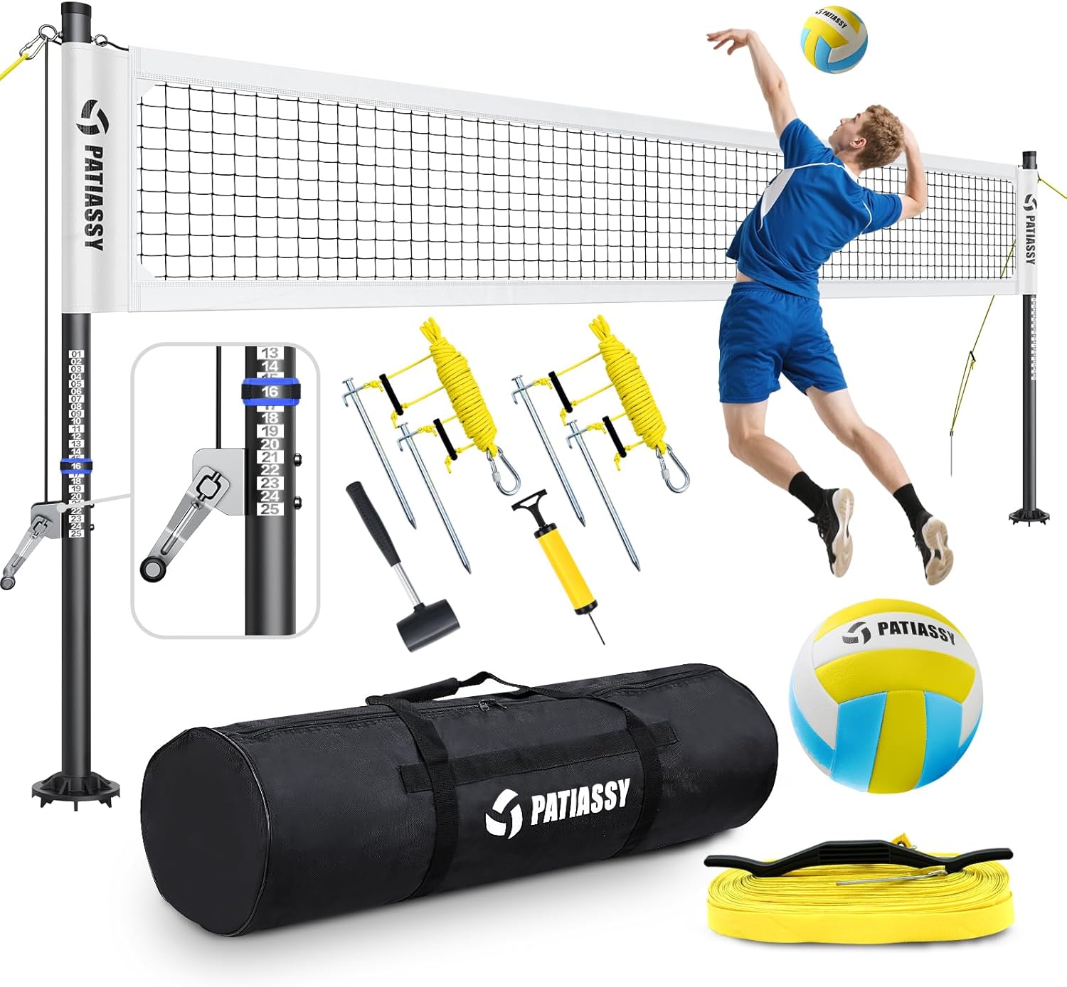 Professional Heavy Duty Volleyball Net Set for Backyard & Beach, Outdoor Net System with Steel Anti-Sag Winch, 32FT Reinforced Net, Height Adjustable Rust-Resistant Aluminum Poles, Portable Carry Bag