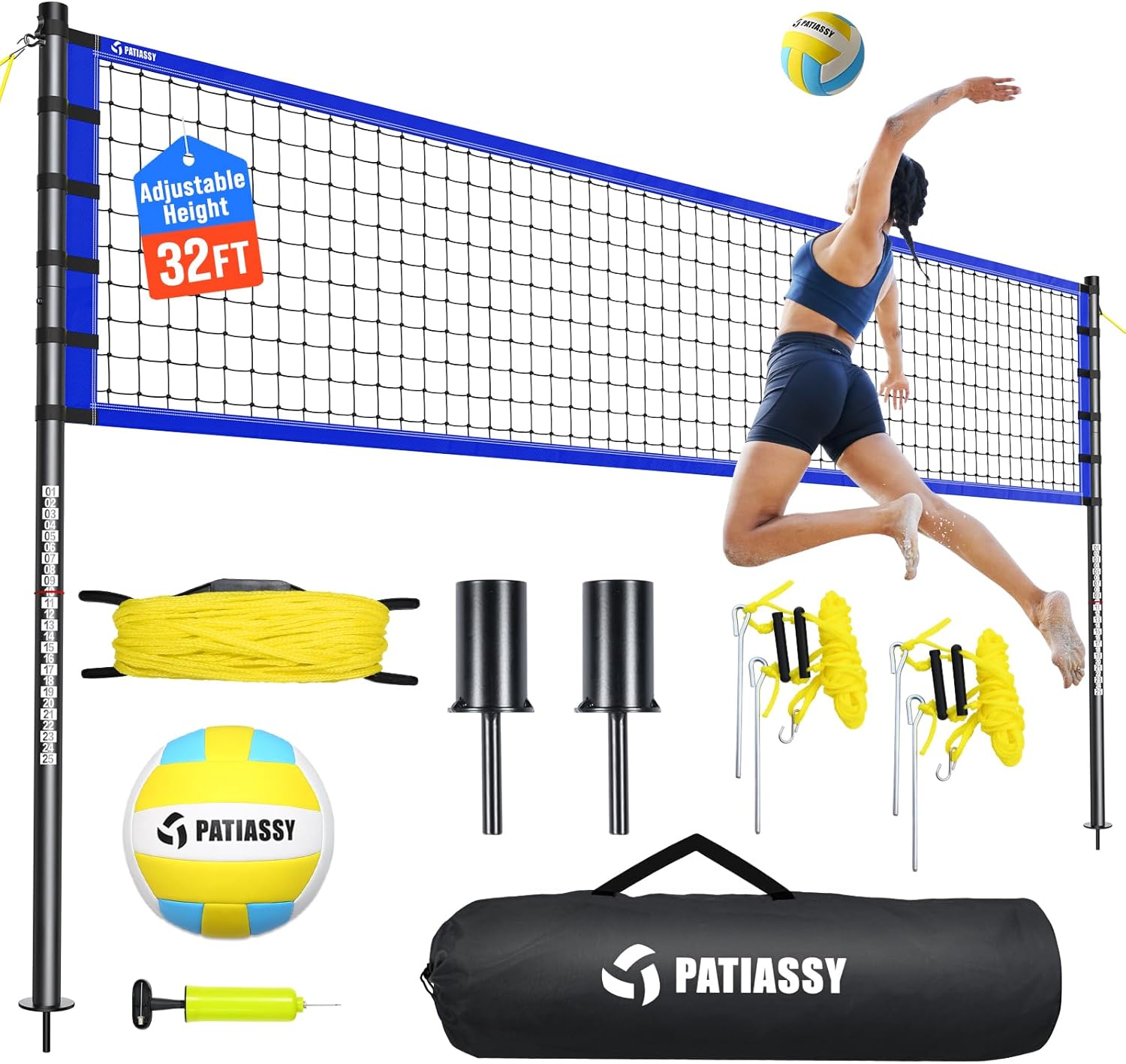 Outdoor Volleyball Net Set for Backyard & Beach, 32FT Regulation Size, Easy Setup Adjustable Height Poles, Portable Net System with PU Volleyball, Pump & Carry Bag