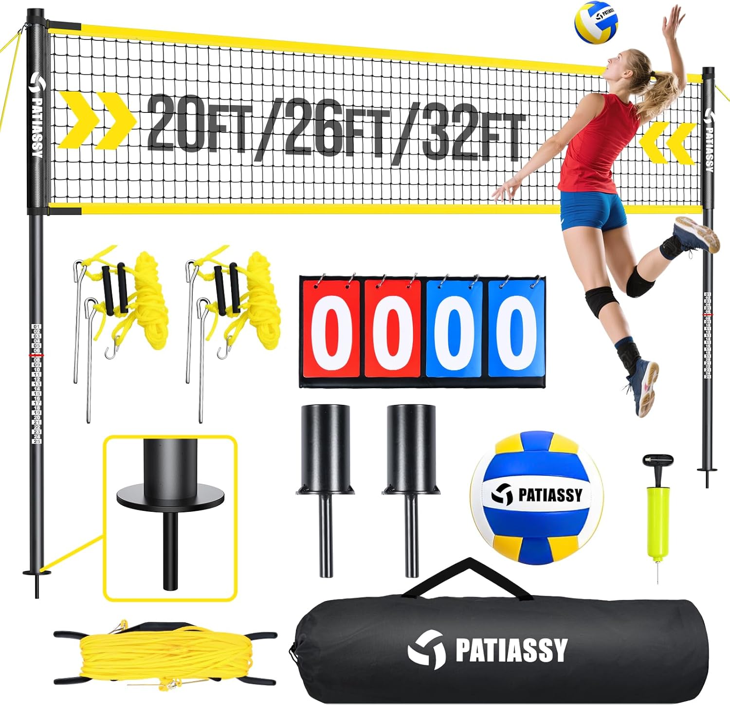 Portable Volleyball Net Set for Backyard & Beach, Adjustable Width (32/26/20FT) & Height, Anti-Sag Tension Design, Metal Stakes for Outdoor Stability, PU Volleyball with Pump, Scoreboard and Carry Bag