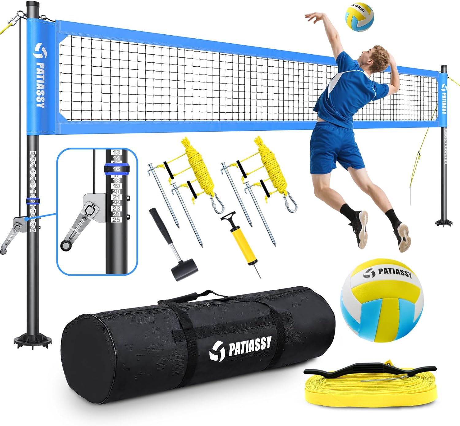 Professional Heavy Duty Volleyball Net Set for Backyard & Beach, Outdoor Net System with Steel Anti-Sag Winch, 32FT Reinforced Net, Height Adjustable Rust-Resistant Aluminum Poles, Portable Carry Bag