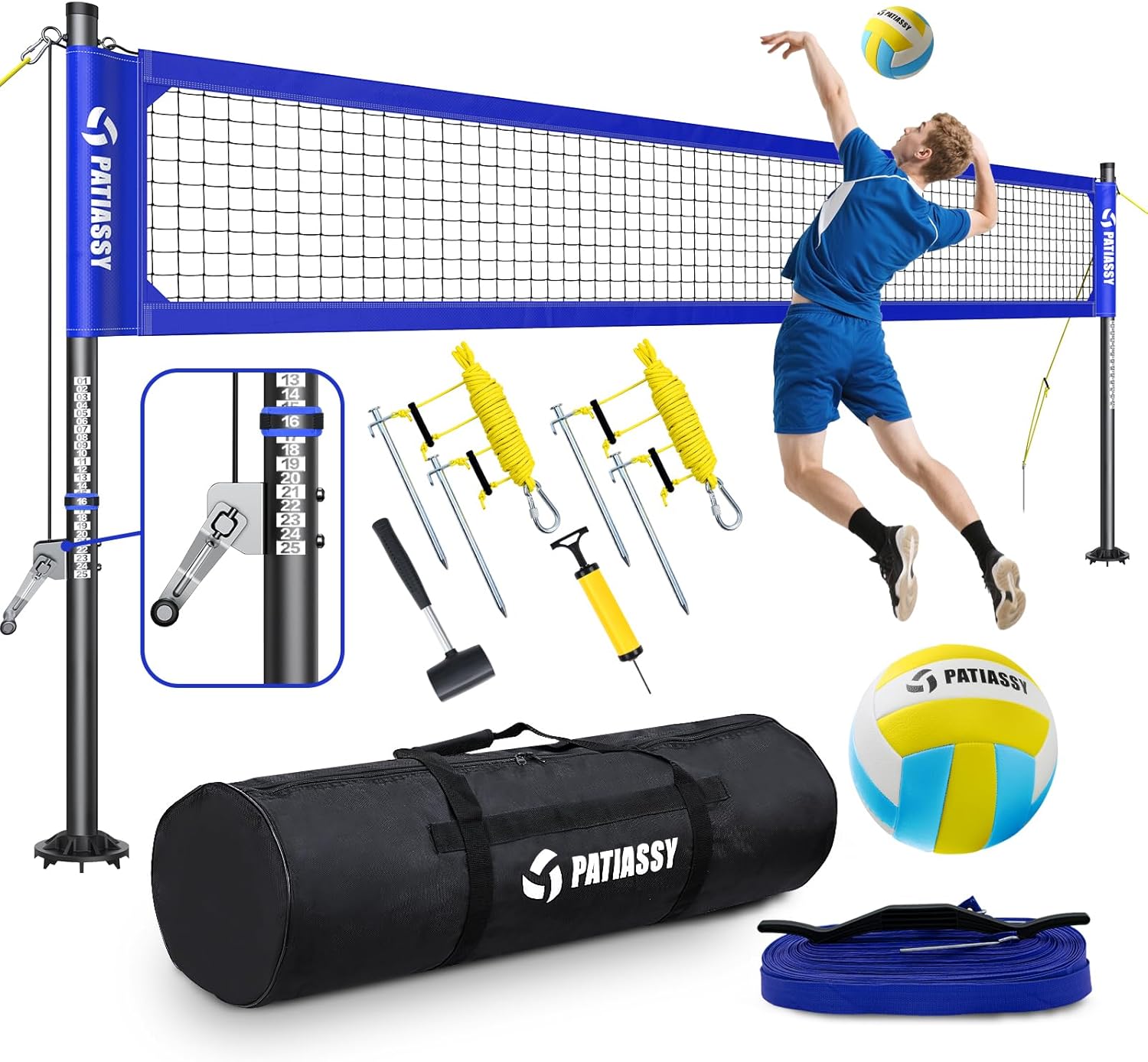 Professional Heavy Duty Volleyball Net Set for Backyard & Beach, Outdoor Net System with Steel Anti-Sag Winch, 32FT Reinforced Net, Height Adjustable Rust-Resistant Aluminum Poles, Portable Carry Bag