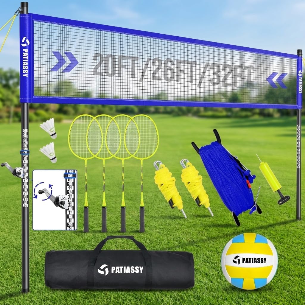 Outdoor Volleyball Net System for Backyard, Adjustable Height (5.1–8FT) & Width (20–32FT), Anti-Sag Tension System, 2-in-1 Badminton Combo Set with Carry Bag, Rackets & Shuttlecocks