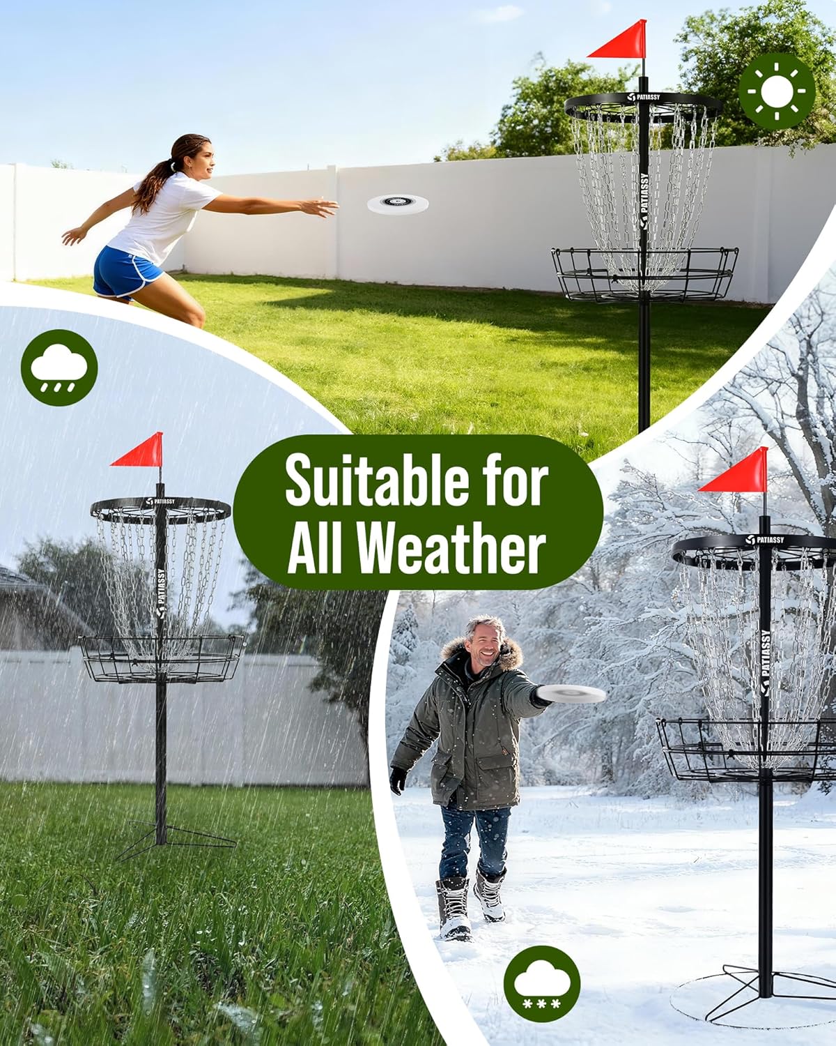 Patiassy Portable Disc Golf Basket, 24/12 Detachable Chains Disk Golf Target with Sound Reducer for Quiet Practice, Night Practice Set with Remote LED Light, 3 Light Up Discs & 4 Ground Stakes