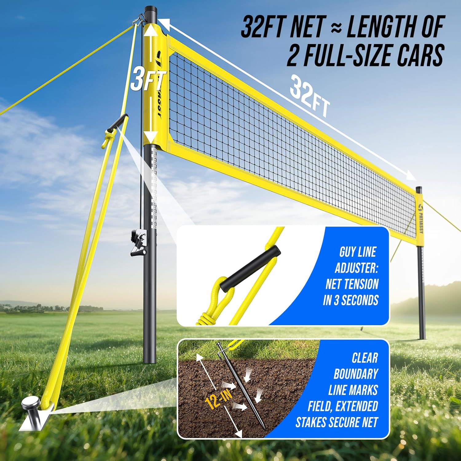 Professional Heavy Duty Volleyball Net Set for Backyard & Beach, Outdoor Net System with Steel Anti-Sag Winch, 32FT Reinforced Net, Height Adjustable Rust-Resistant Aluminum Poles, Portable Carry Bag
