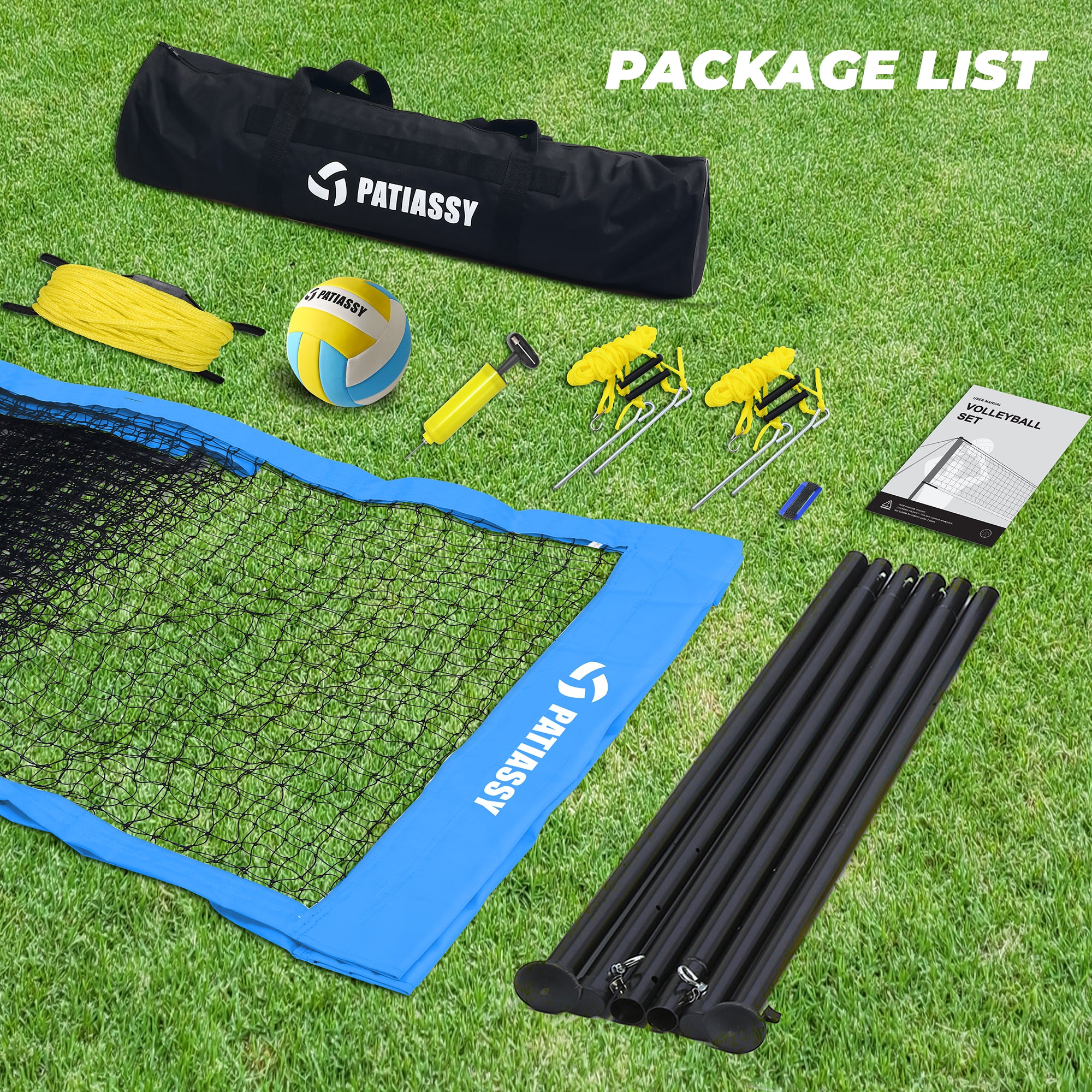 Patiassy Outdoor Portable Volleyball Net Set for Backyard Adjustable Height Steel Poles, PU Volleyball, Pump and Carrying Bag
