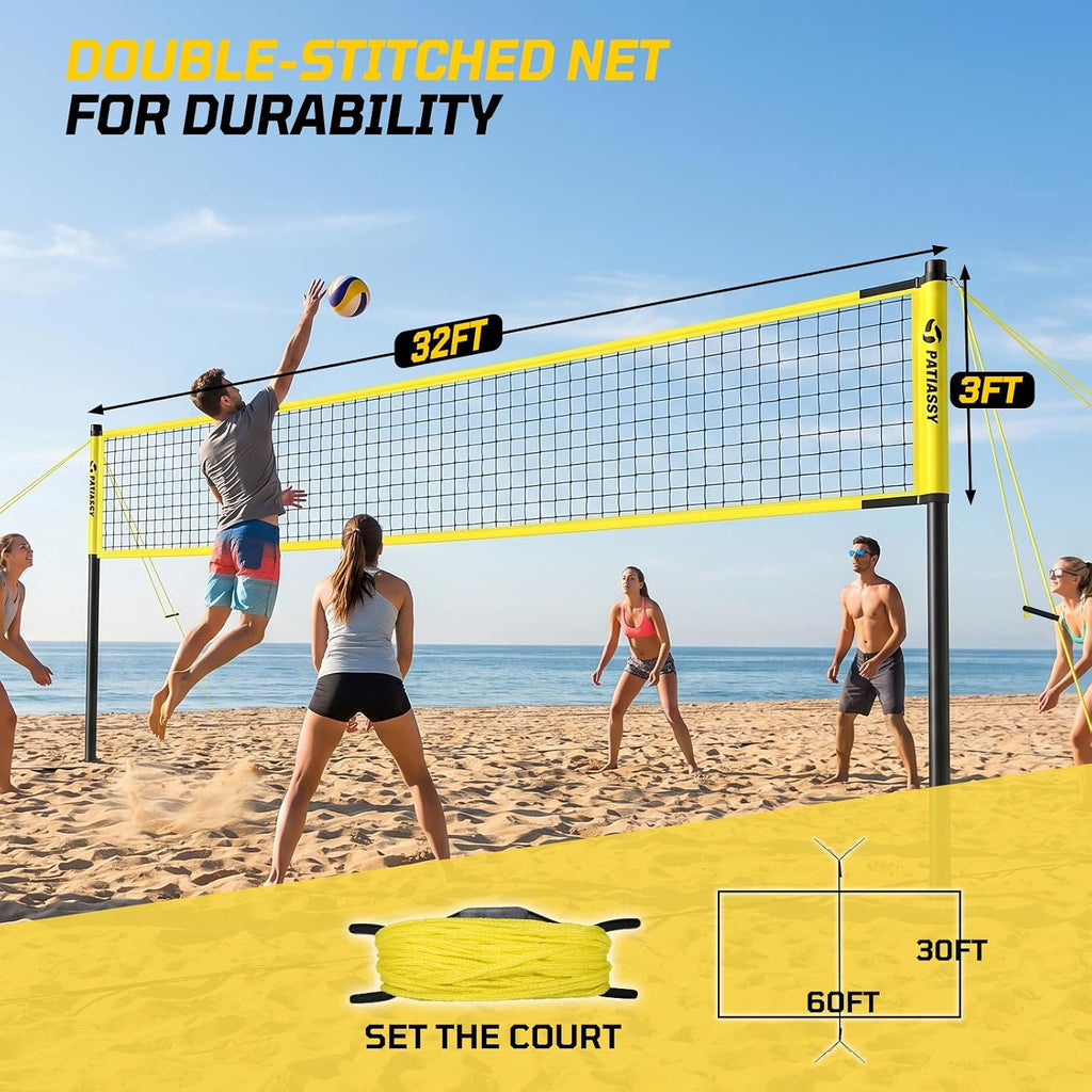 Outdoor Volleyball Net Set, 32FT Anti-Sag Net System, Easy Setup Adjustable Height Poles, Portable Complete Set with Volleyball, Pump, Hammer, Boundary Line & Carry Bag for Backyard Beach Lawn