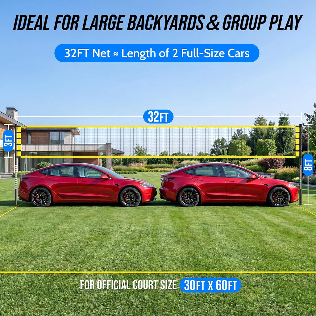 Outdoor Volleyball Net Set for Backyard & Beach, 32FT Regulation Size, Easy Setup Adjustable Height Poles, Portable Net System with PU Volleyball, Pump & Carry Bag