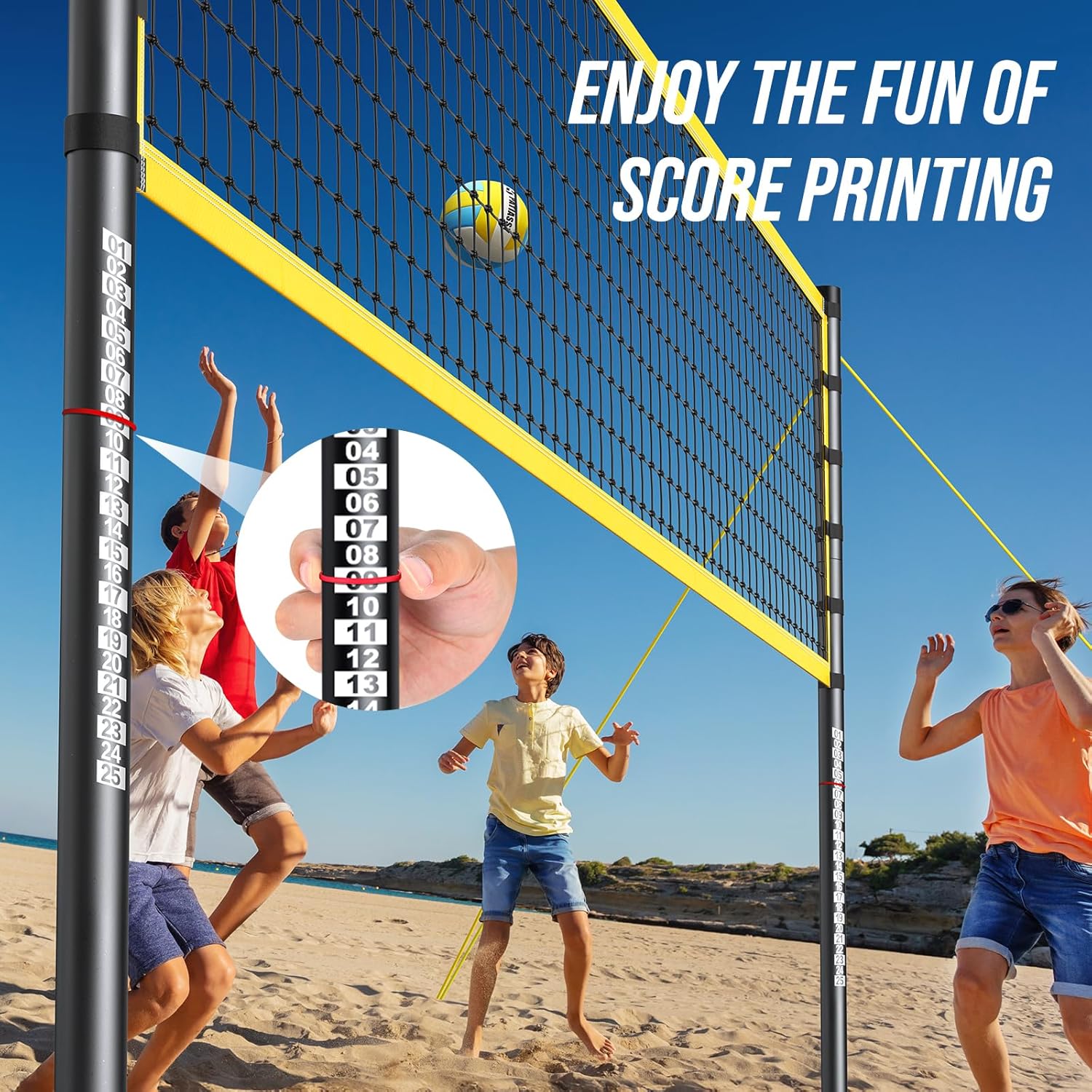 Outdoor Volleyball Net Set for Backyard & Beach, 32FT Regulation Size, Easy Setup Adjustable Height Poles, Portable Net System with PU Volleyball, Pump & Carry Bag