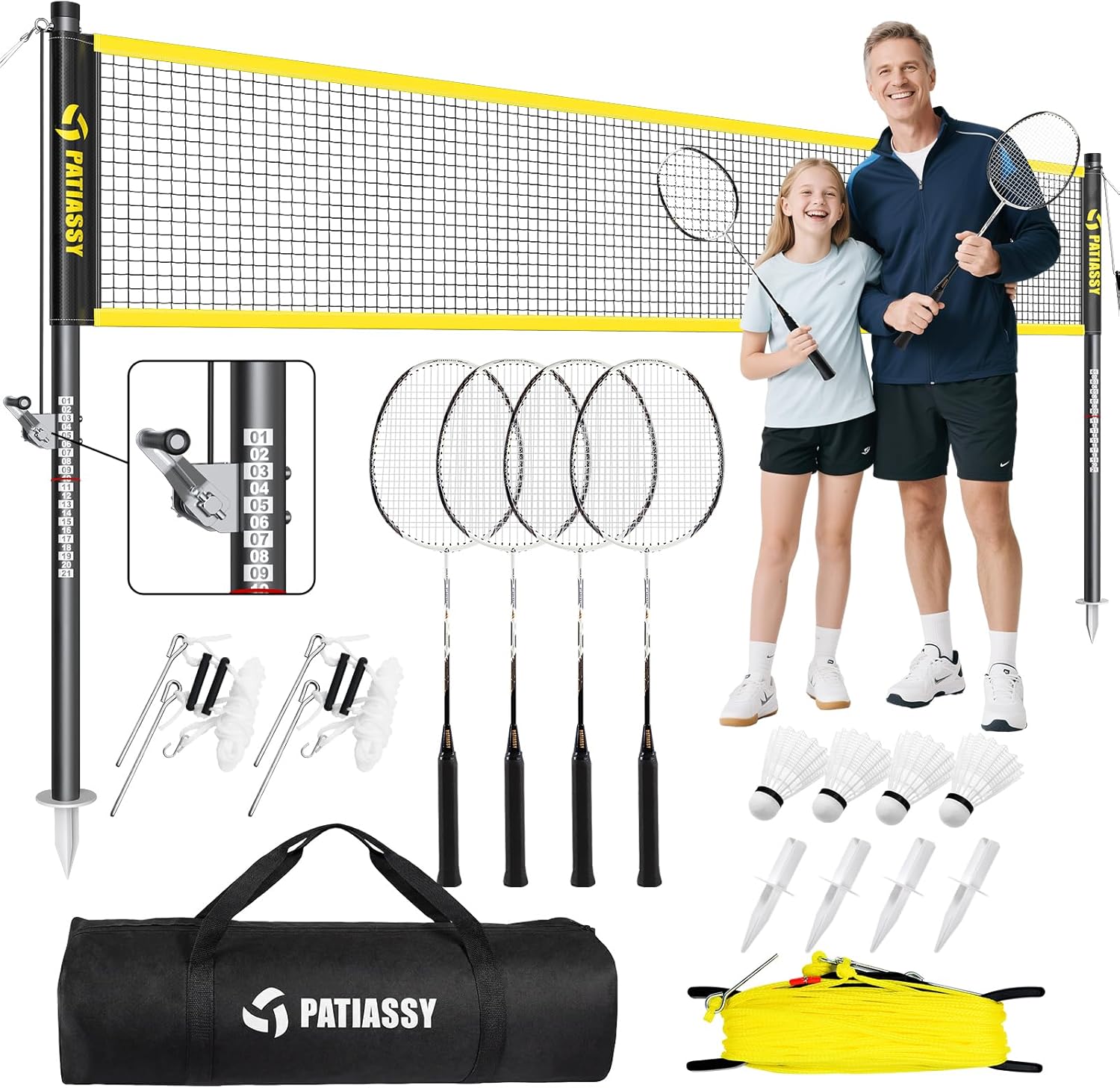 Professional Badminton Set with Carbon Aluminum Badminton Rackets Set of 4, Outdoor Portable Badminton Net with Winch System, 4 Nylon Badminton Shuttlecocks and BagAnti-Sag Winch System, 4 Nylon Badminton Shuttlecocks and Bag