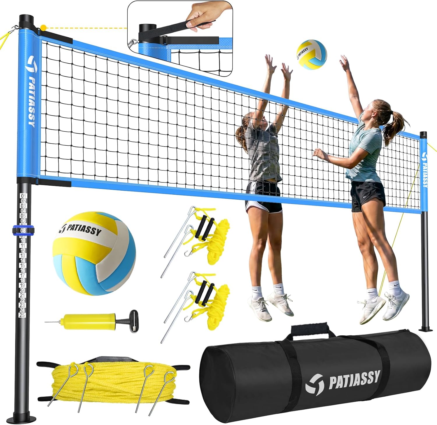 Outdoor Volleyball Net Set, 32FT Anti-Sag Net System, Easy Setup Adjustable Height Poles, Portable Complete Set with Volleyball, Pump, Hammer, Boundary Line & Carry Bag for Backyard Beach Lawn