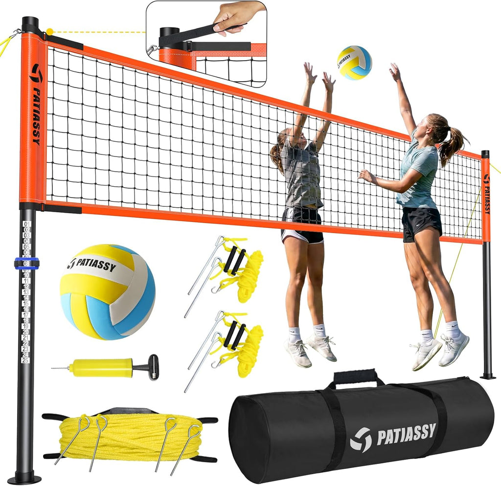 Outdoor Volleyball Net Set, 32FT Anti-Sag Net System, Easy Setup Adjustable Height Poles, Portable Complete Set with Volleyball, Pump, Hammer, Boundary Line & Carry Bag for Backyard Beach Lawn