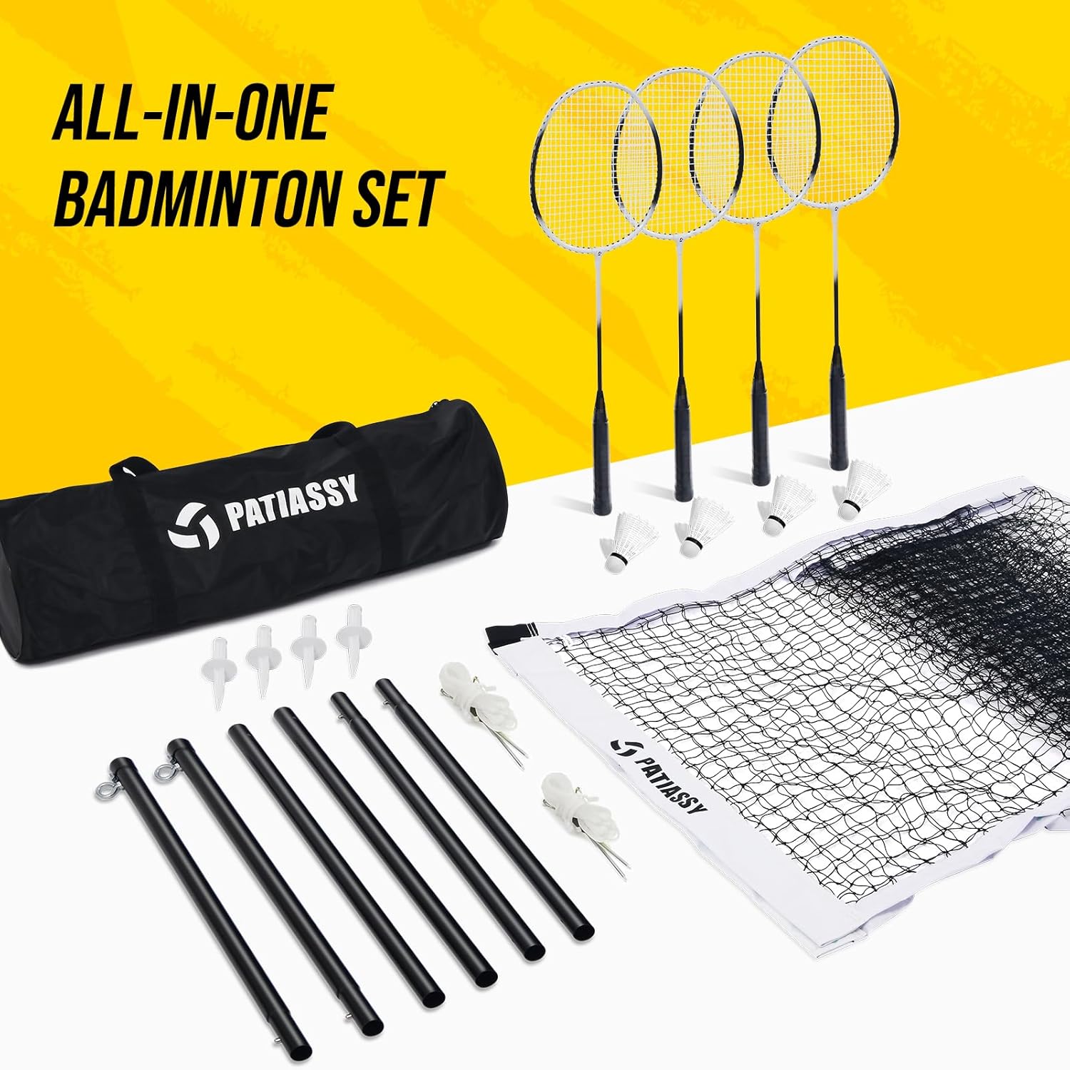Badminton Set for Backyard, Outdoor Badminton Net with Anti-Sag Design, 4 Professional Badminton Rackets, 4 Shuttlecocks and Carry Bag for Lawn or Beach