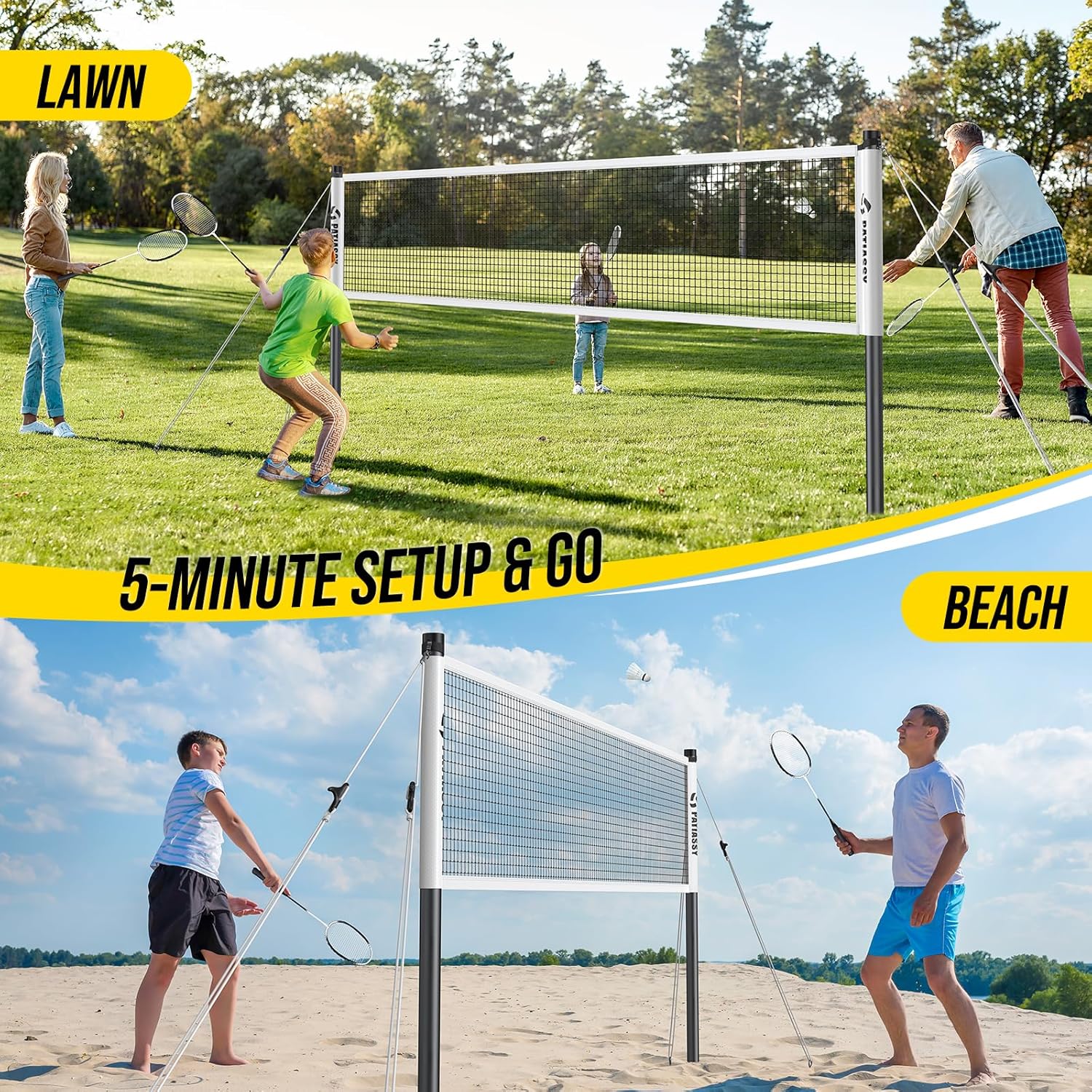 Badminton Set for Backyard, Outdoor Badminton Net with Anti-Sag Design, 4 Professional Badminton Rackets, 4 Shuttlecocks and Carry Bag for Lawn or Beach