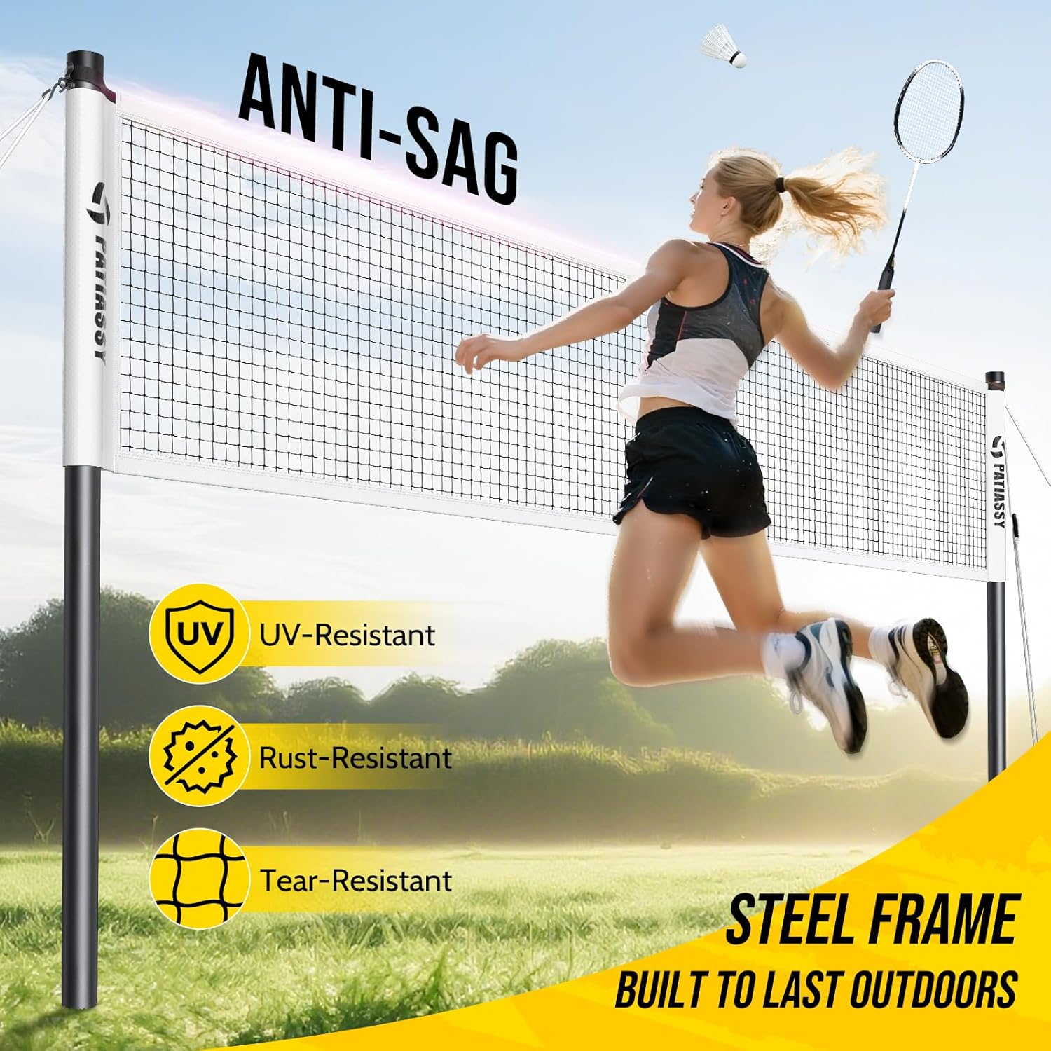 Badminton Set for Backyard, Outdoor Badminton Net with Anti-Sag Design, 4 Professional Badminton Rackets, 4 Shuttlecocks and Carry Bag for Lawn or Beach