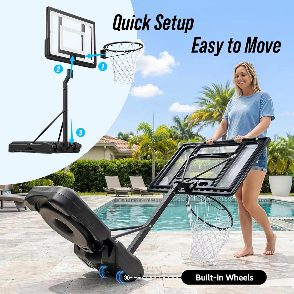 Pool Basketball Hoop – Height Adjustable 57" to 68" Portable Poolside Basketball Hoop with Wheels, Glow-in-Dark Backboard & LED Rim, Glow Ball + Standard Ball, Indoor Outdoor Night Games