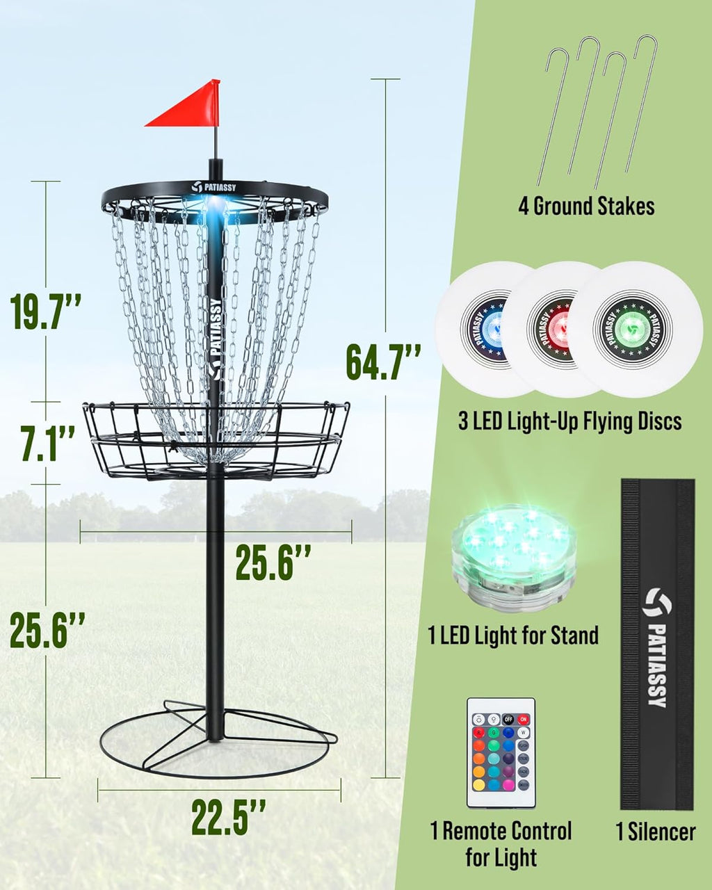 Patiassy Portable Disc Golf Basket, 24/12 Detachable Chains Disk Golf Target with Sound Reducer for Quiet Practice, Night Practice Set with Remote LED Light, 3 Light Up Discs & 4 Ground Stakes