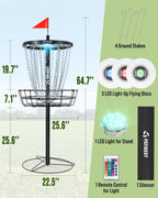 Patiassy Portable Disc Golf Basket, 24/12 Detachable Chains Disk Golf Target with Sound Reducer for Quiet Practice, Night Practice Set with Remote LED Light, 3 Light Up Discs & 4 Ground Stakes