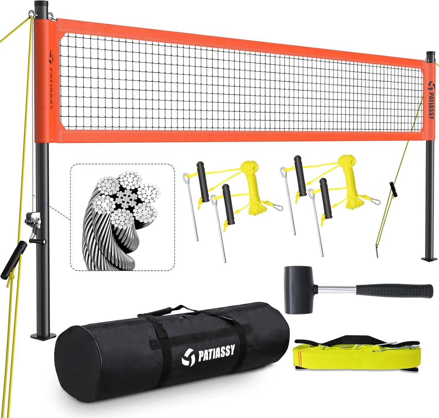 Professional Outdoor Volleyball Net System with Adjustable Aluminum Poles, Anti-Sag Winch, Steel Cable Topline, Tournament-Grade 32FT Net, Boundary Line & Heavy-Duty Carry Bag