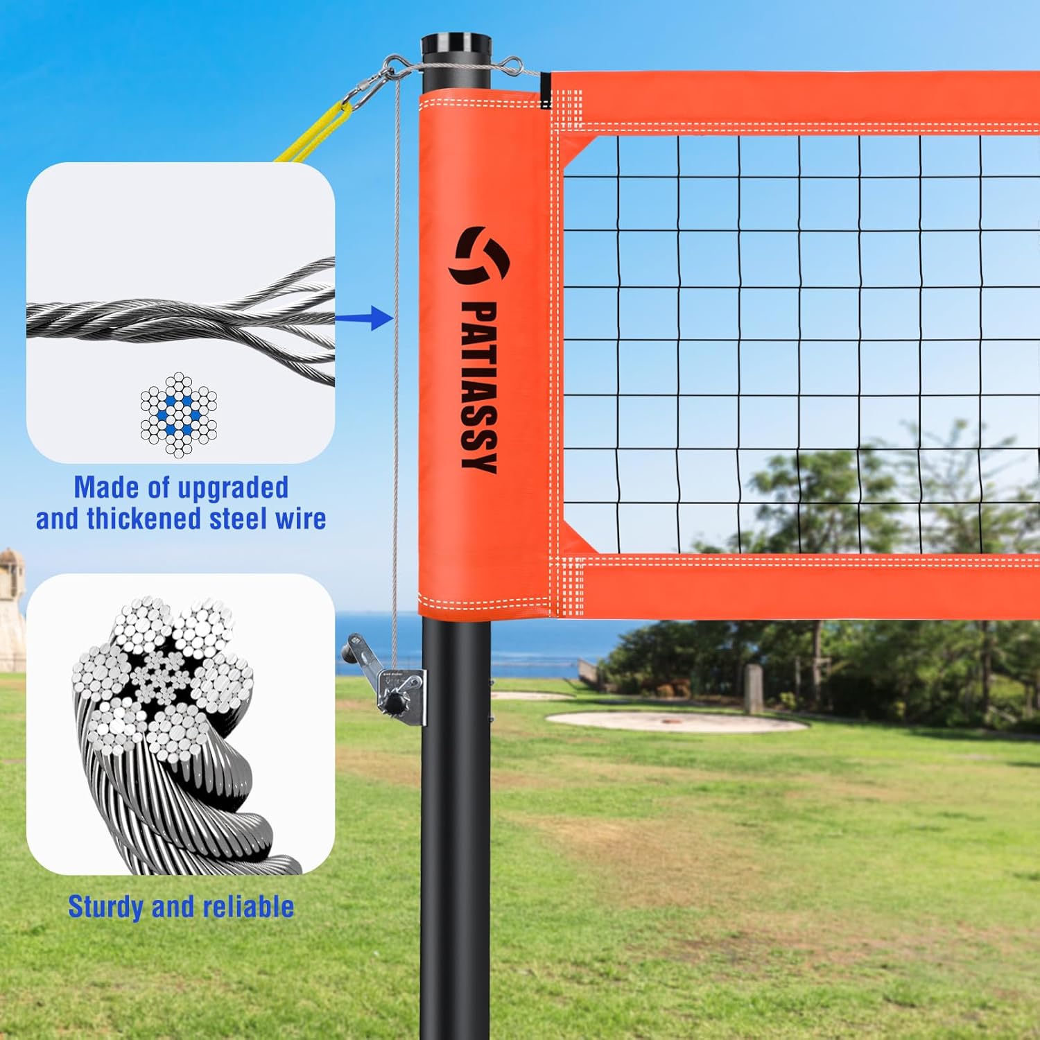 Professional Outdoor Volleyball Net System with Adjustable Aluminum Poles, Anti-Sag Winch, Steel Cable Topline, Tournament-Grade 32FT Net, Boundary Line & Heavy-Duty Carry Bag