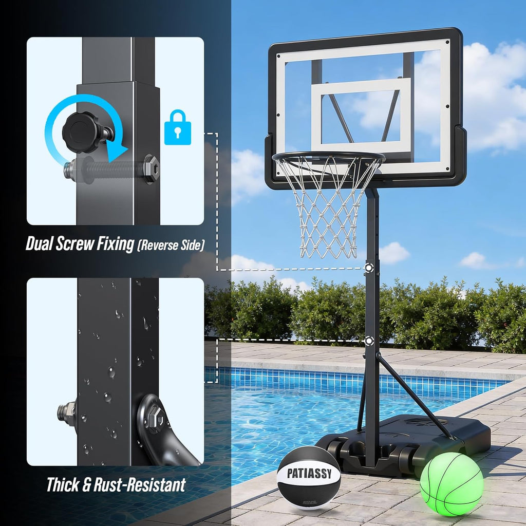 Pool Basketball Hoop – Height Adjustable 57" to 68" Portable Poolside Basketball Hoop with Wheels, Glow-in-Dark Backboard & LED Rim, Glow Ball + Standard Ball, Indoor Outdoor Night Games