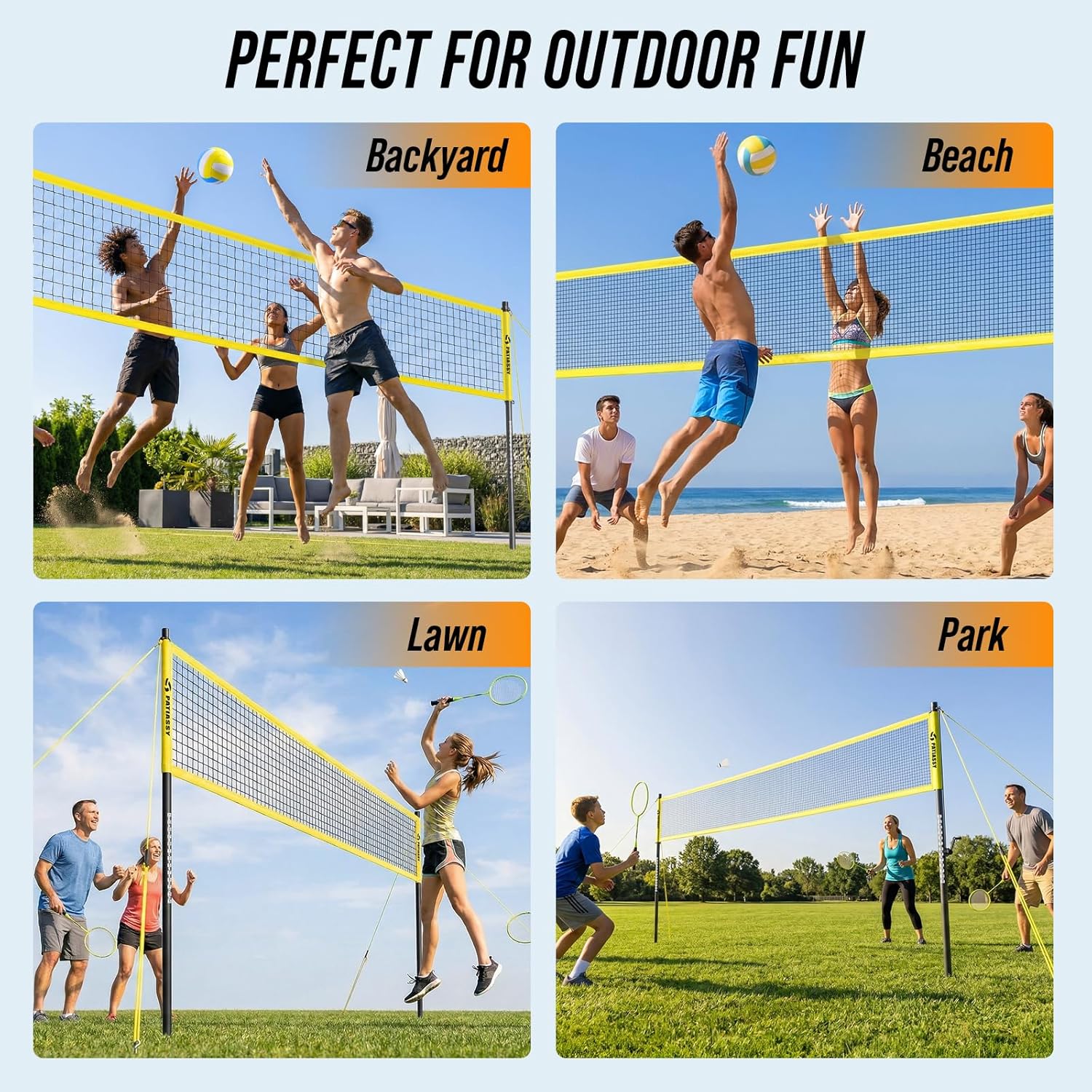 Outdoor Volleyball Net System for Backyard, Adjustable Height (5.1–8FT) & Width (20–32FT), Anti-Sag Tension System, 2-in-1 Badminton Combo Set with Carry Bag, Rackets & Shuttlecocks