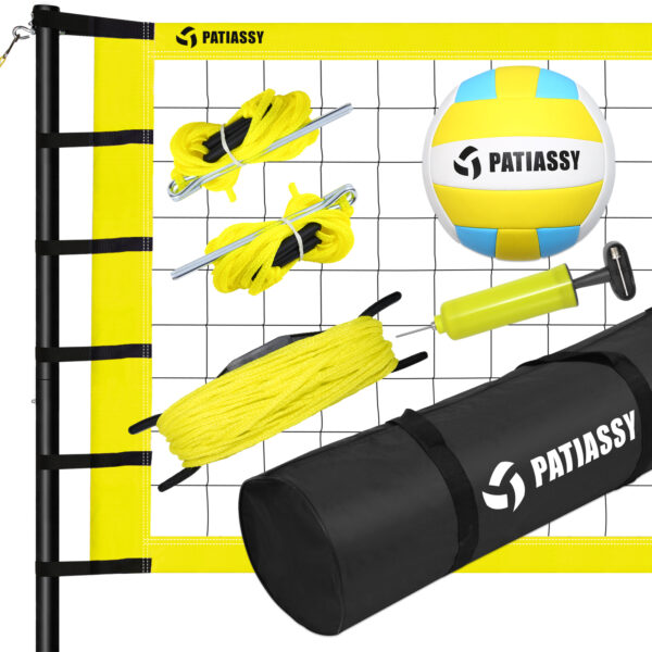 Patiassy Outdoor Portable Volleyball Net Set System - Quick & Easy Setup Adjustable Height Steel Poles, PU Volleyball with Pump and Carrying Bag for Beach Backyard