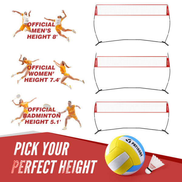 Patiassy 5.1’, 7.4’ and 8’ Height Adjustable Freestanding Volleyball and Badminton Combo Set with Net, 4 Badminton Rackets, 3 Nylon Shuttlecocks and Volleyball for Indoor or Outdoor Use - Image 3