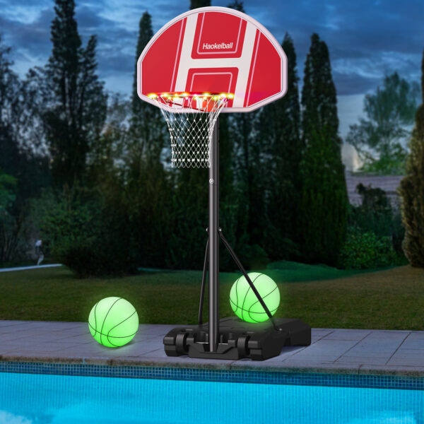Poolside Basketball Hoop with Light 45''-59'' Adjustable Height Swimming Pool Basketball Hoop Goal System with 2 Balls and Pump