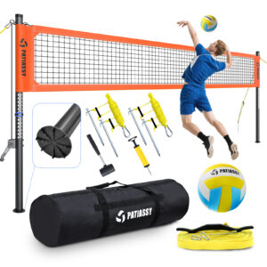 Portable Professional Outdoor Volleyball Net Set with Adjustable Height Aluminum Poles, Winch System, Volleyball with Pump and Carrying Bag for Backyard Beach
