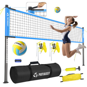 Patiassy Outdoor Portable Volleyball Net Set for Backyard Adjustable Height Steel Poles, PU Volleyball, Pump and Carrying Bag
