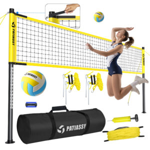 Patiassy Outdoor Portable Volleyball Net Set System for Backyard - Quick & Easy Setup Adjustable Height Steel Poles, PU Volleyball, Pump and Carrying Bag
