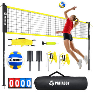 Patiassy 32/26/20FT Adjustable Height & Width Portable Volleyball Net Set with Rust-Resistant Steel Poles, Scoreboard, Ball & Carry Bag for Backyard
