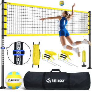 Patiassy 32ft Outdoor Portable Volleyball Net Set System - Adjustable Height Steel Poles, PU Volleyball with Pump and Carrying Bag for Beach Backyard