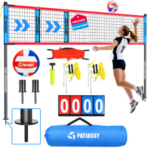 Patiassy Adjustable Height & Width Portable Volleyball Net Set with Rust-Resistant Steel Poles, Scoreboard, Ball & Carry Bag for Backyard, Beach & Outdoor
