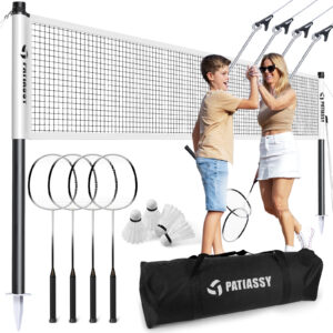 Patiassy Badminton Set with Net for Backyard, 4 Rackets, Portable Easy Setup, Anti-Sag Net System, Outdoor Family Game Kit with Carrying Bag
